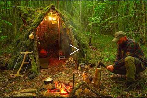 Building a Survival Shelter in a Forest - Camp food from natural herbs