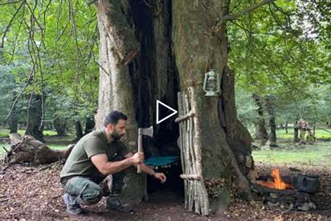 Building Complete And Warm Survival Shelter In The Trunk & Bushcraft Tree House,Fireplace With..