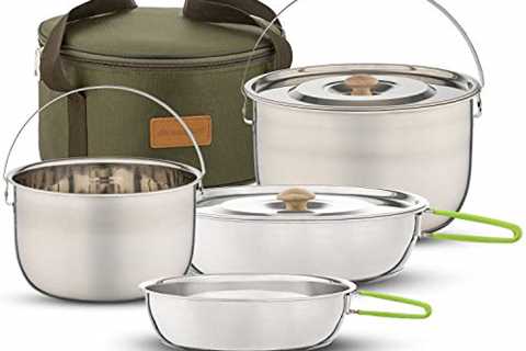 Camping Cookware Set - Compact Stainless Steel Campfire Cooking Pots and Pans | Combo Kit with..