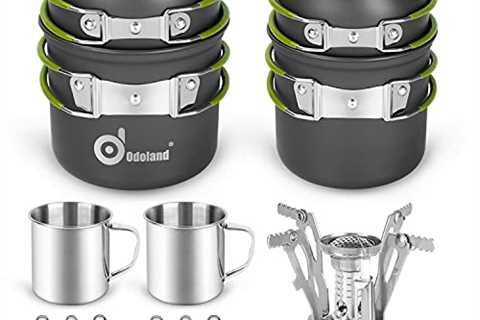 Odoland 16pcs Camping Cookware Mess Kit, Lightweight Pot Pan Mini Stove with 2 Cups, Fork Spoon..