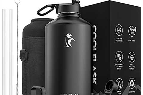 Coolflask Gallon Water Bottle Insulated with Straw&3 Lids, 128 oz Water Jug Large Stainless..