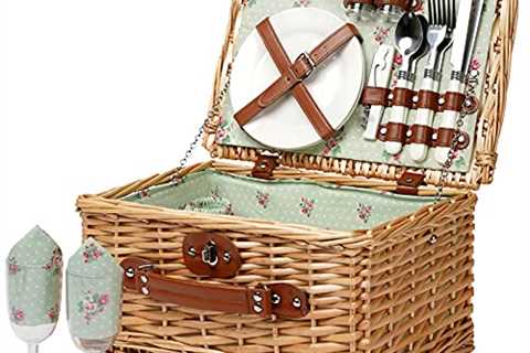 Wicker Picnic Basket for 2, Handmade Willow Hamper Basket Sets 2 Person Picnic Basket with Utensils ..