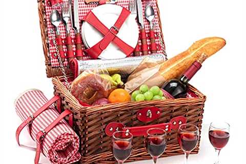 Wicker Picnic Basket Set for 4 Persons with Large Insulated Cooler Bag and Waterproof Picnic..