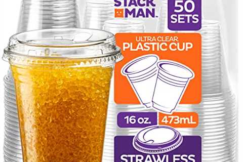 16 oz Clear Plastic Cups with Strawless Sip-Lids [50 Sets] PET Crystal Clear Disposable 16oz..
